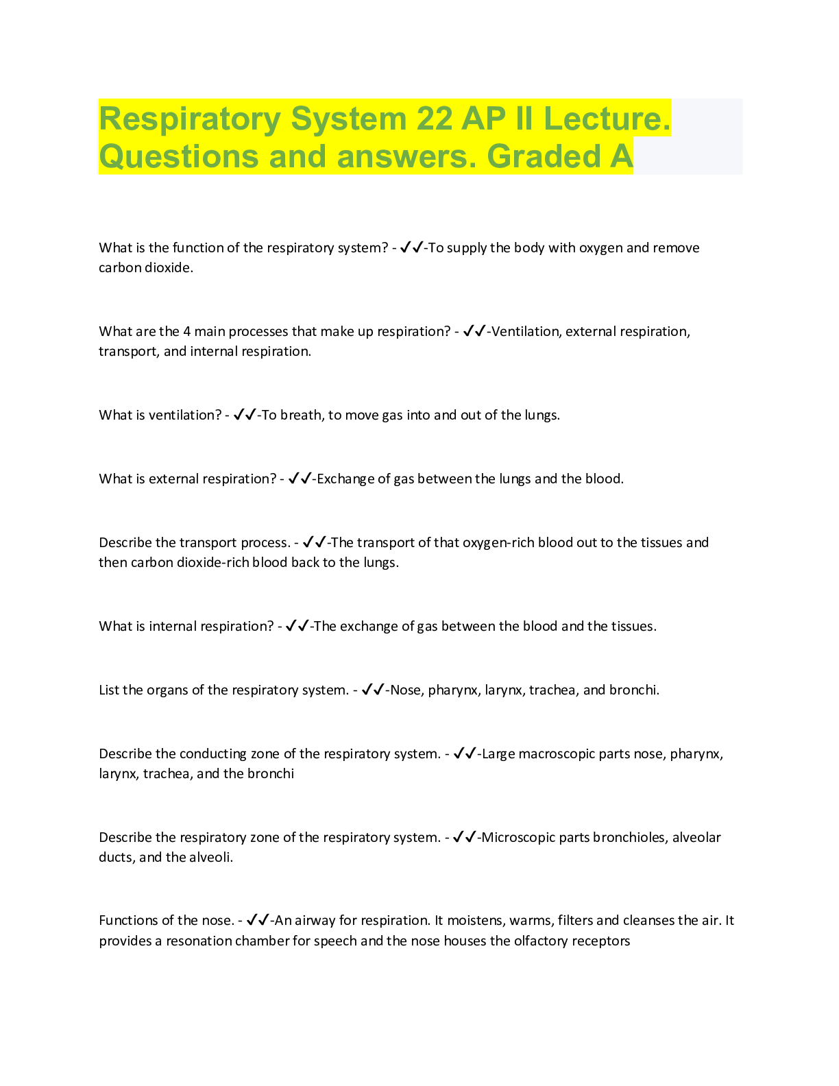 Preview image for Respiratory System 22 AP II Lecture.  Questions and answers. Graded A